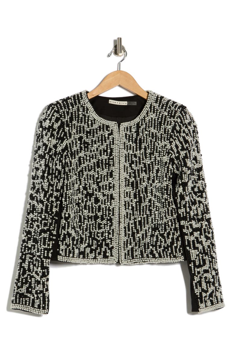 Alice + Olivia Kidman Pearly Beaded Boxy Crop Jacket, Alternate, color, Black/ White