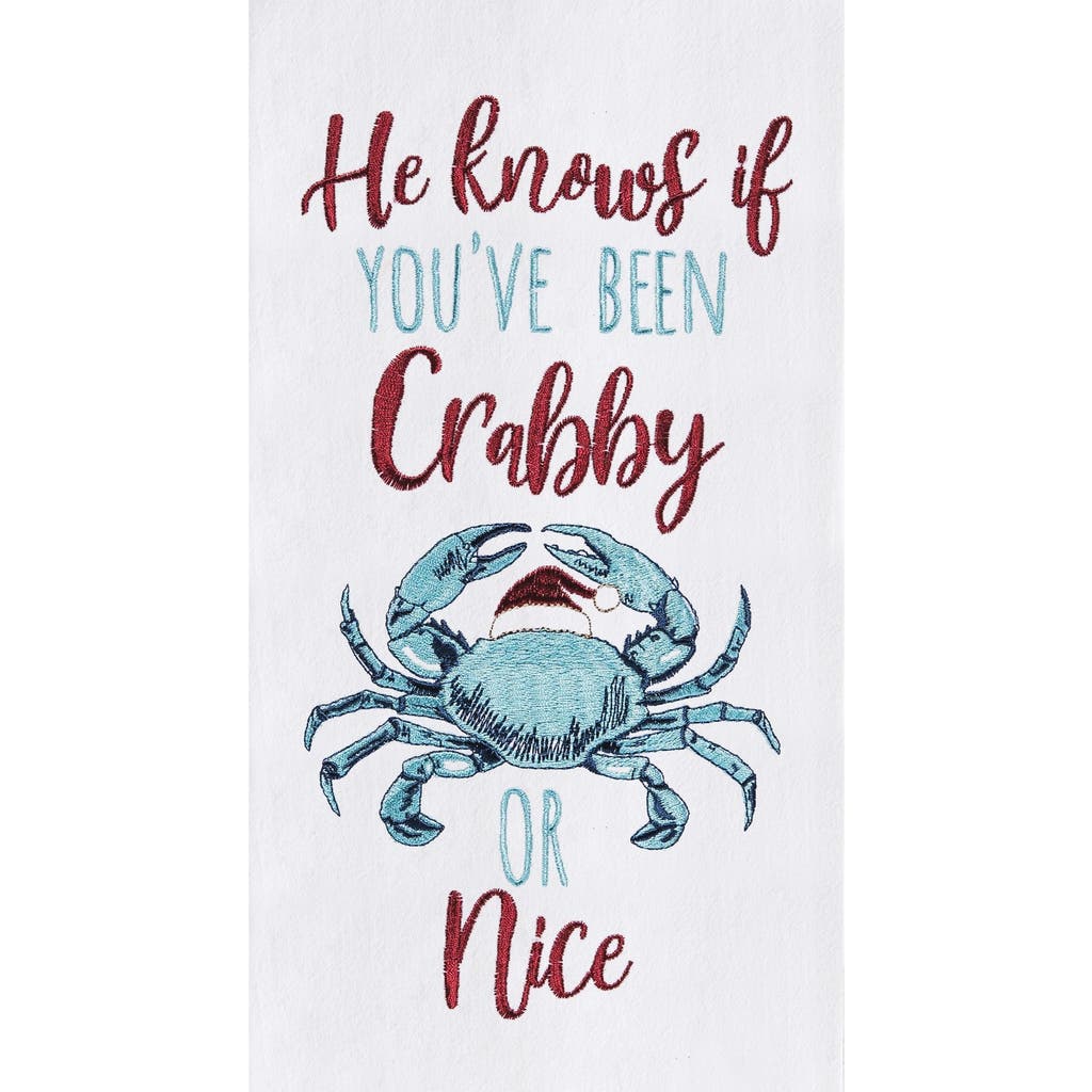 C & F Home C&f Home Coastal Beach Christmas "he Knows If You Been Crabby Or Nice" Embroidered Flour Sack Dishto In White