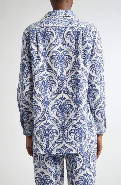 Shop Farm Rio Tropical Print Linen Blend Button-up Shirt In Off-white