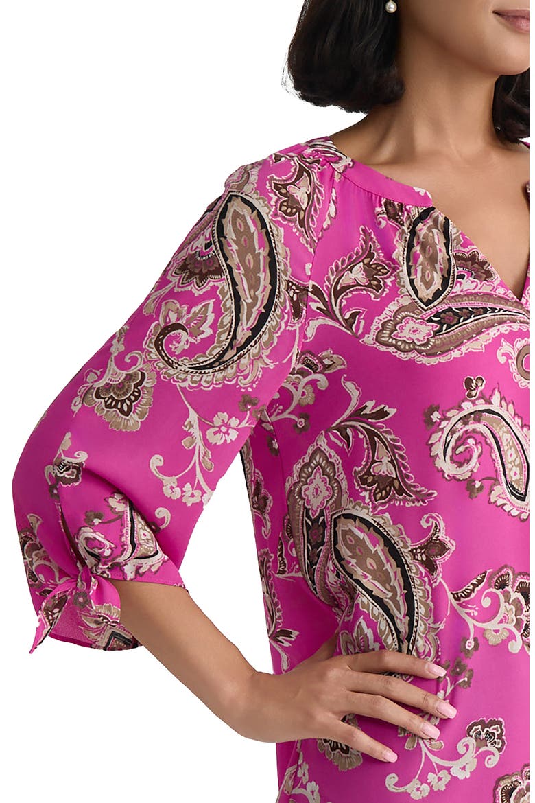 Paisley Split Neck Top with Tie Sleeves, Alternate, color, BRIGHT ORCHID MULTI
