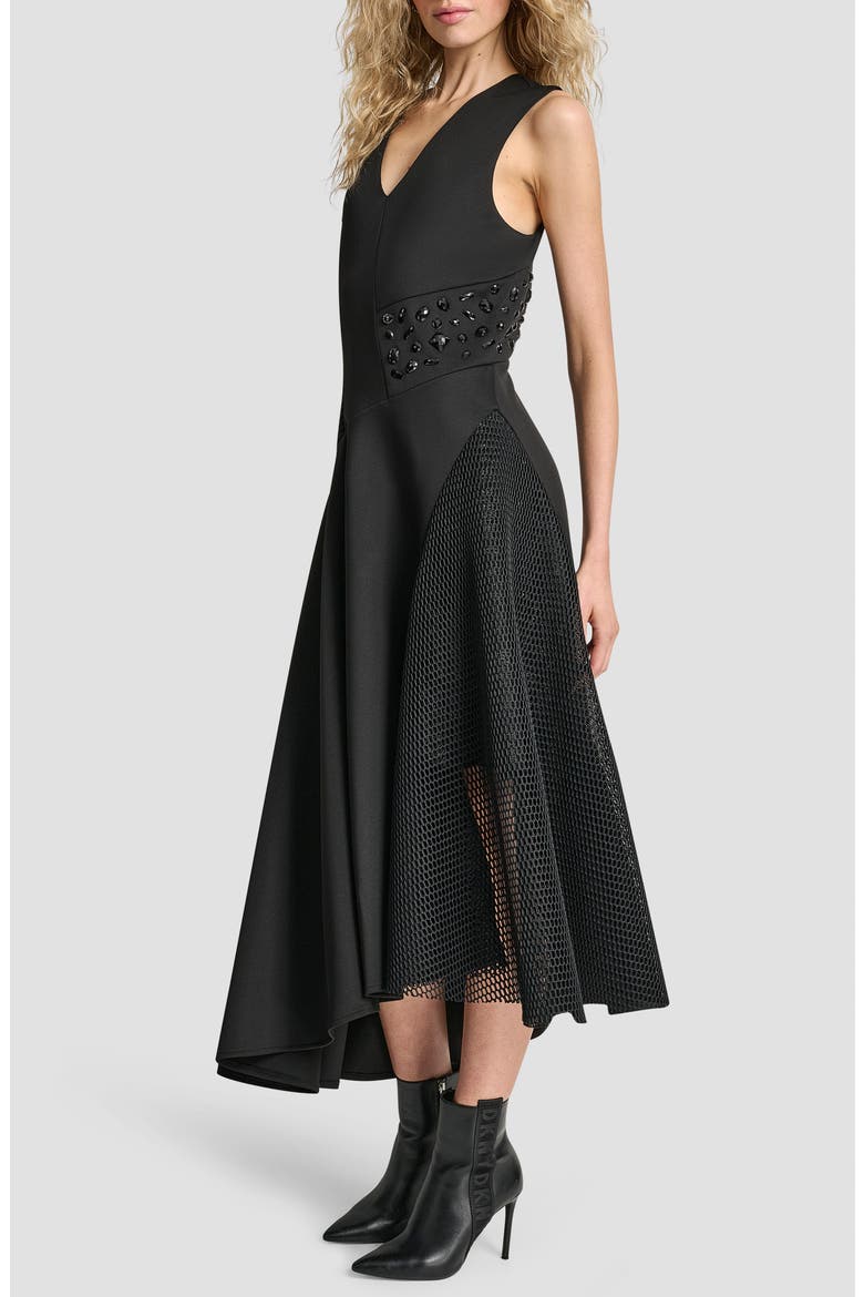 Sleevless Mixed Media Asymmetric Maxi Dress, Alternate, color, BLACK