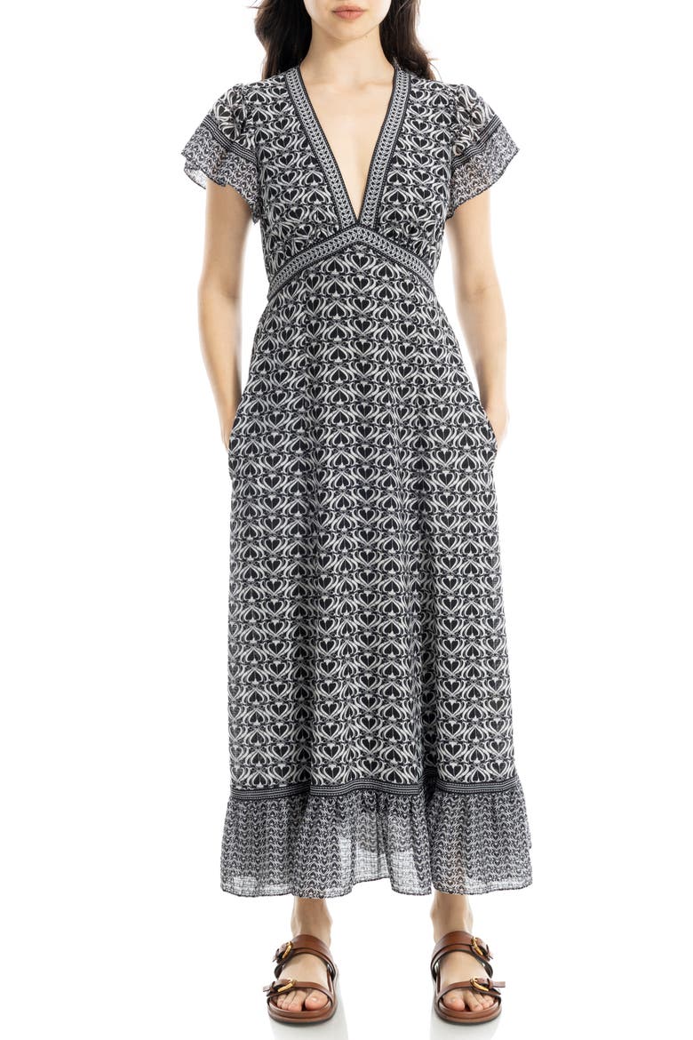 V-Neck Ruffle Sleeve Maxi Dress, Main, color, BLACK/ CREAM