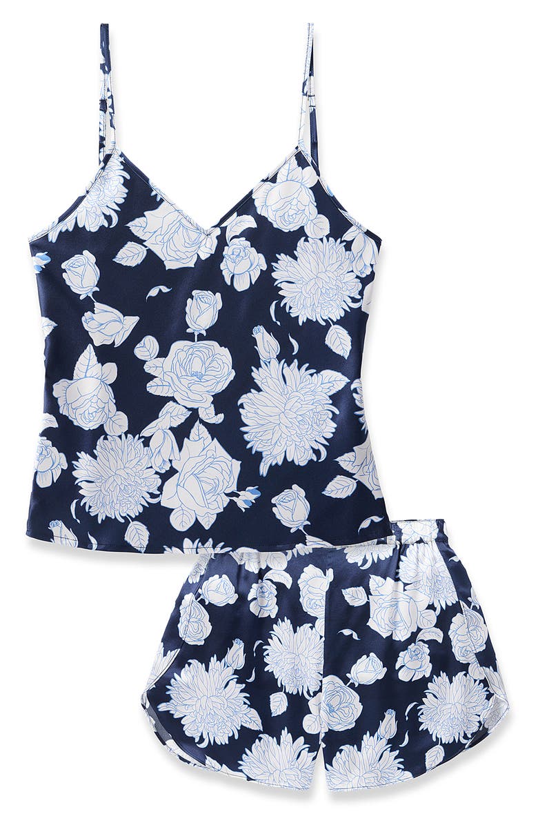 Petite Plume Floral Print Mulberry Silk Short Pajamas, Alternate, color, Navy