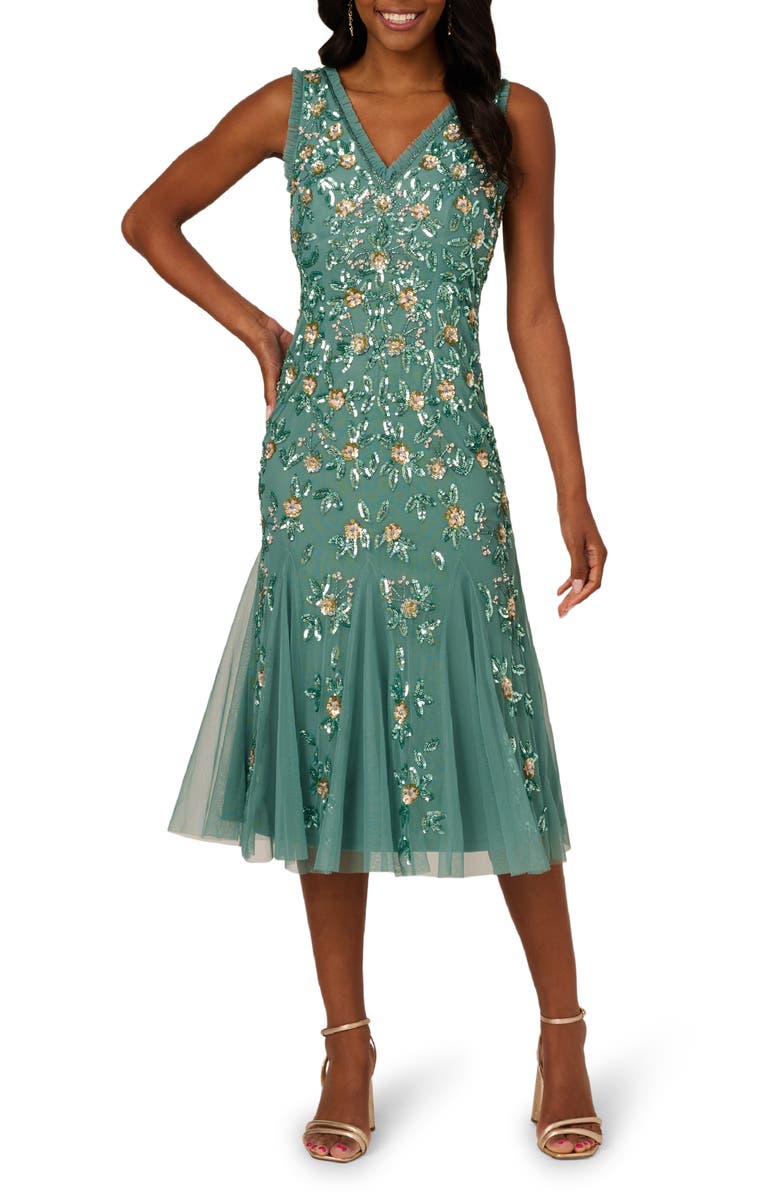 Adrianna Papell Ruffle Beaded Midi Mermaid Cocktail Dress, Main, color, Slate