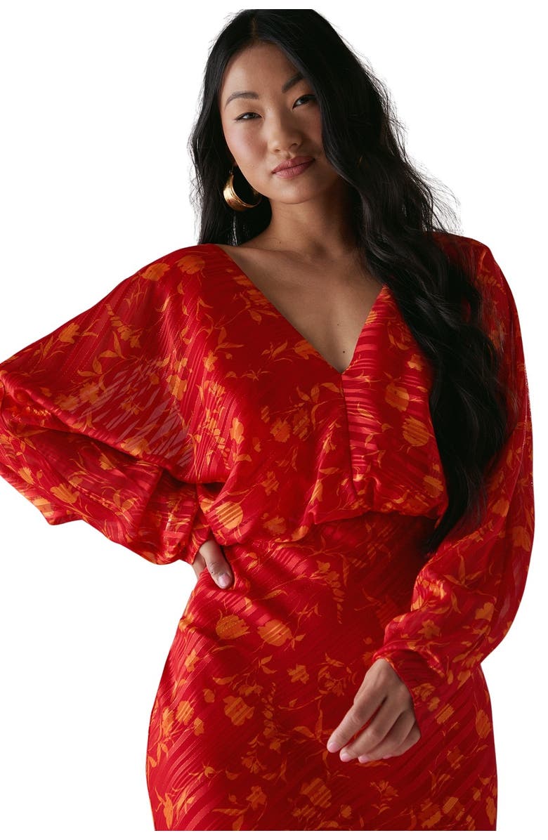 Warehouse Petite Shadow Stripe Neck Midi Dress, Alternate, color, Red