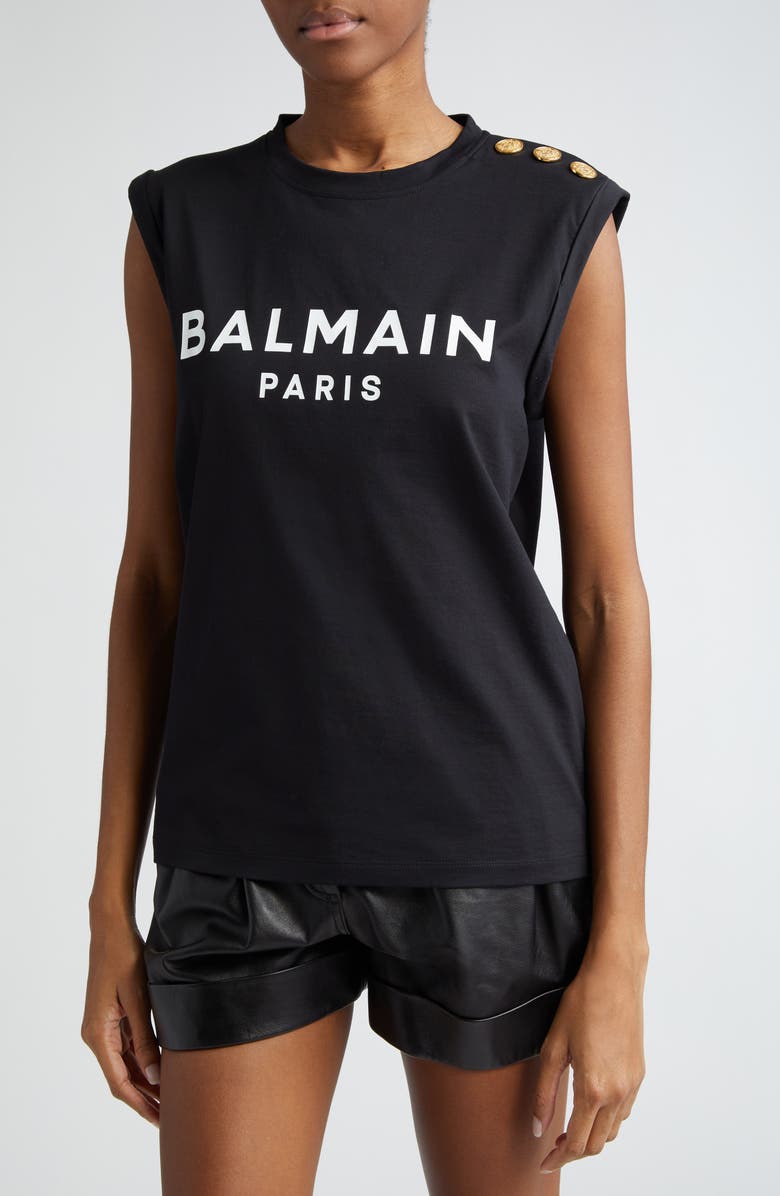 Balmain Cotton Logo Graphic Tank, Alternate, color, Black/ White