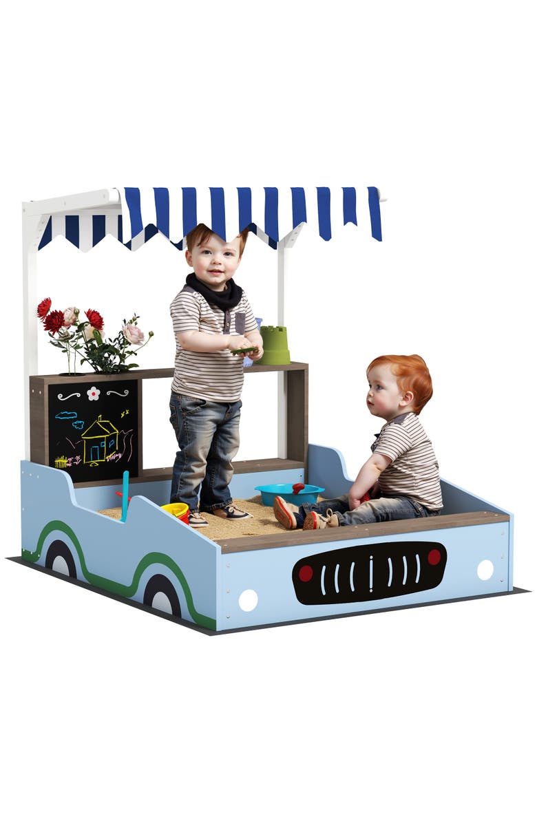 Qaba Kids Wooden Sandbox with Canopy, Grocery Store & Bench Seats, Main, color, Blue