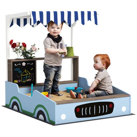 Kids Wooden Sandbox with Canopy, Grocery Store & Bench Seats