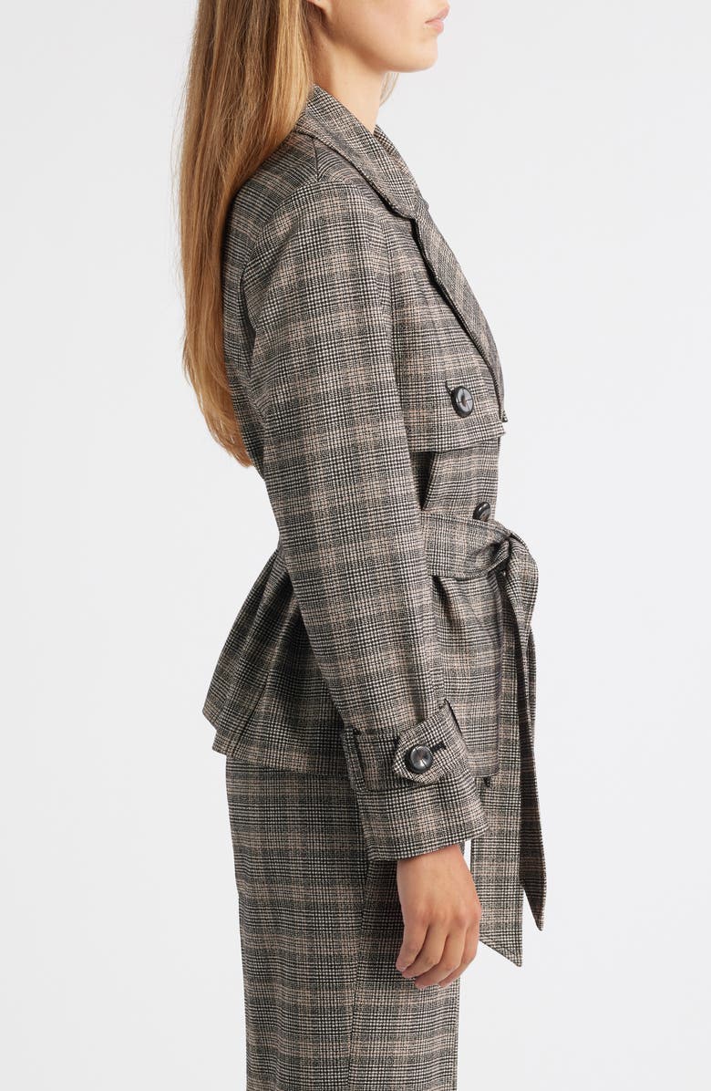 Anne Klein Plaid Belted Short Trench Coat, Alternate, color, Anne Black Multi