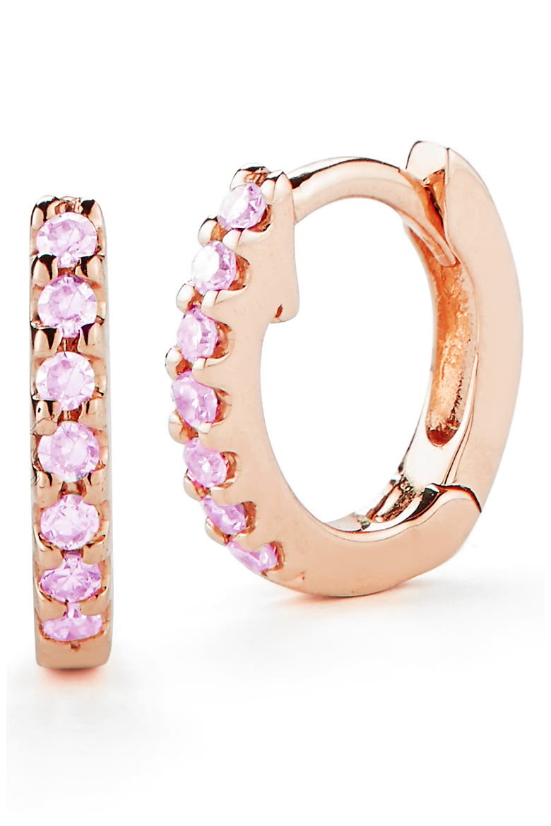 Sapphire Huggie Hoop Earrings, Main, color, ROSE GOLD/ DIAMOND