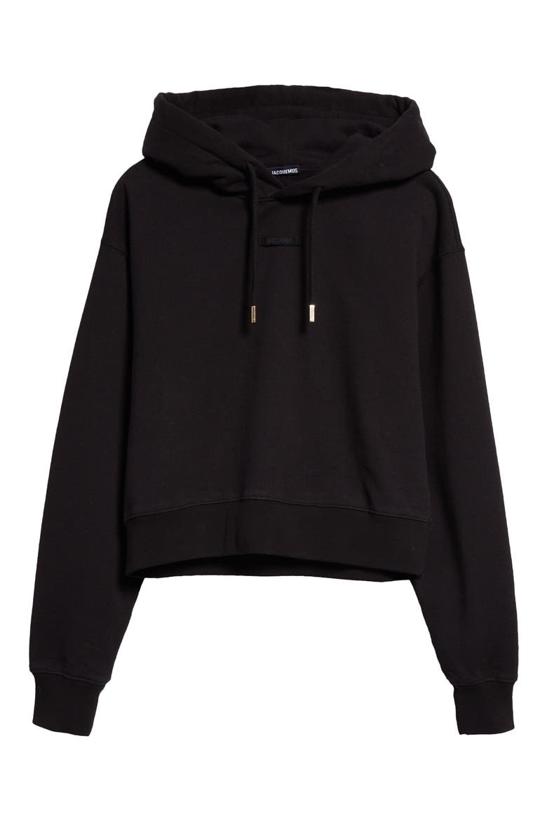 Le Grosgrain Logo Cotton Fleece Crop Hoodie, Alternate, color, BLACK