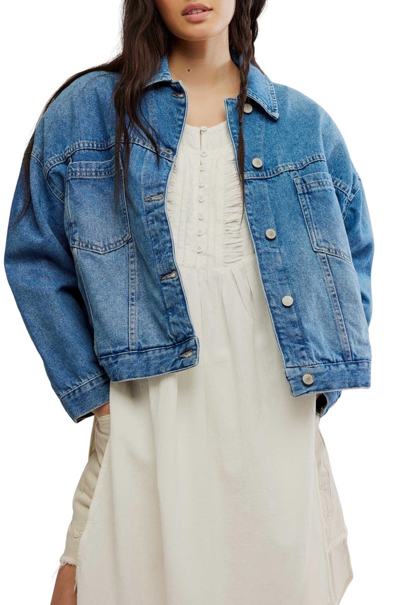 Free People We The Free Opal Swing Denim Trucker Jacket, Main, color, Cowboy Romance