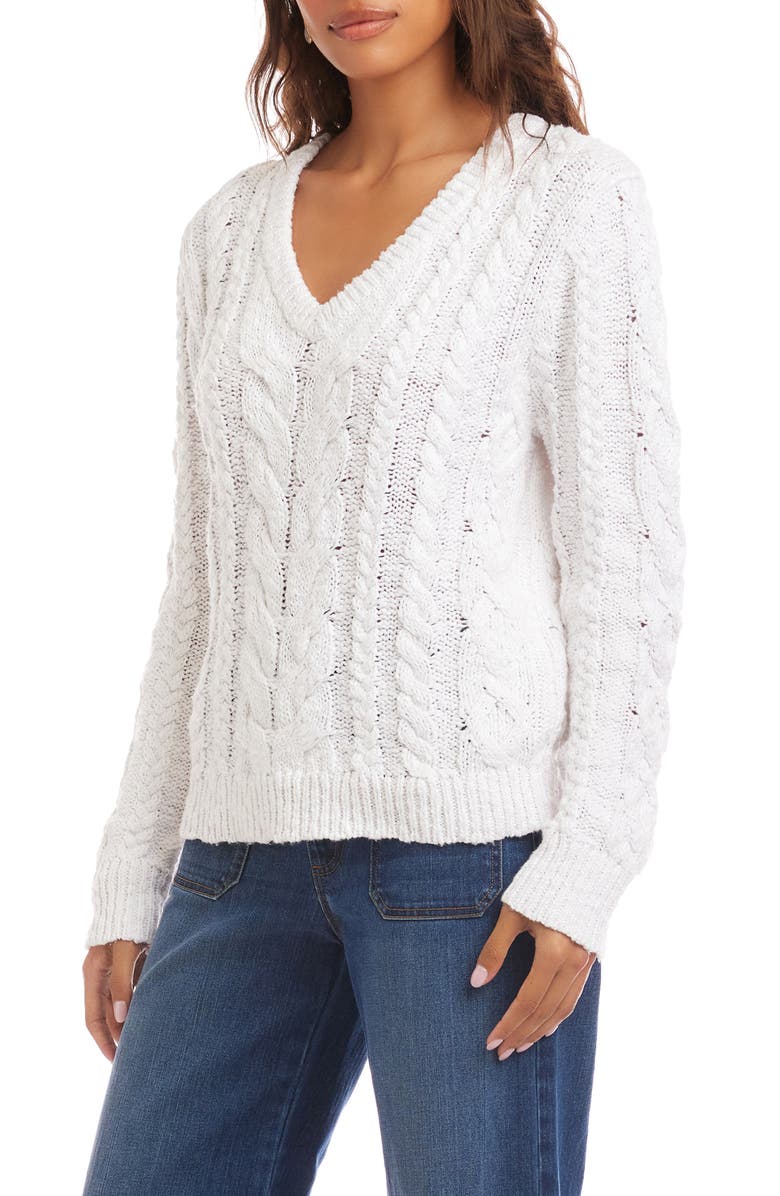 Karen Kane Cable Stitch V-Neck Cotton Sweater, Alternate, color, Off White