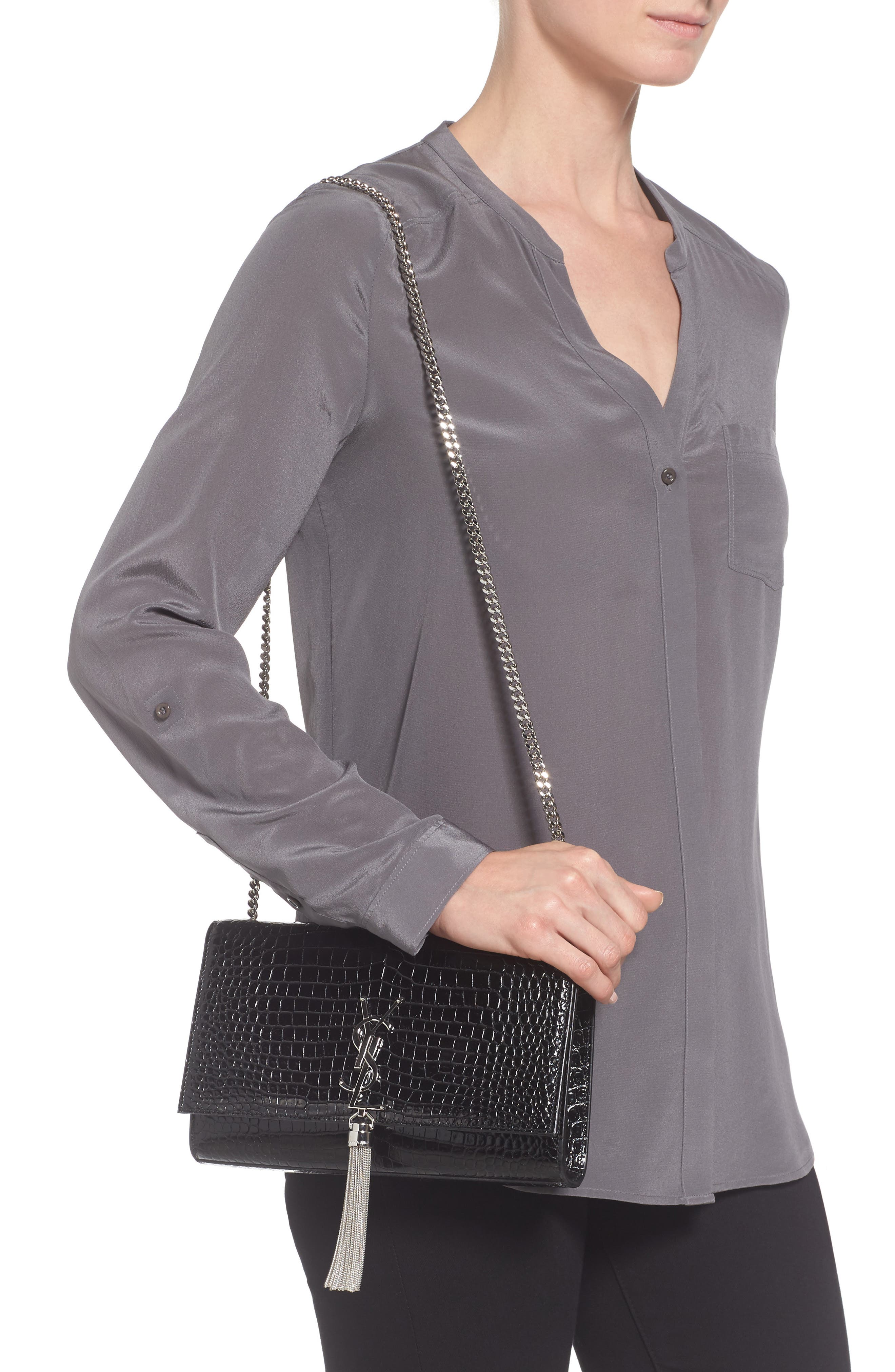 Saint Laurent Medium Kate Tassel Croc Embossed Calfskin Leather Crossbody Bag, Alternate, color, 
