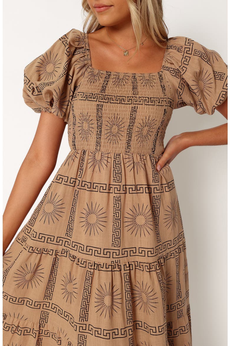 Soliel Puff Sleeve Midi Dress, Alternate, color, TAN BLACK