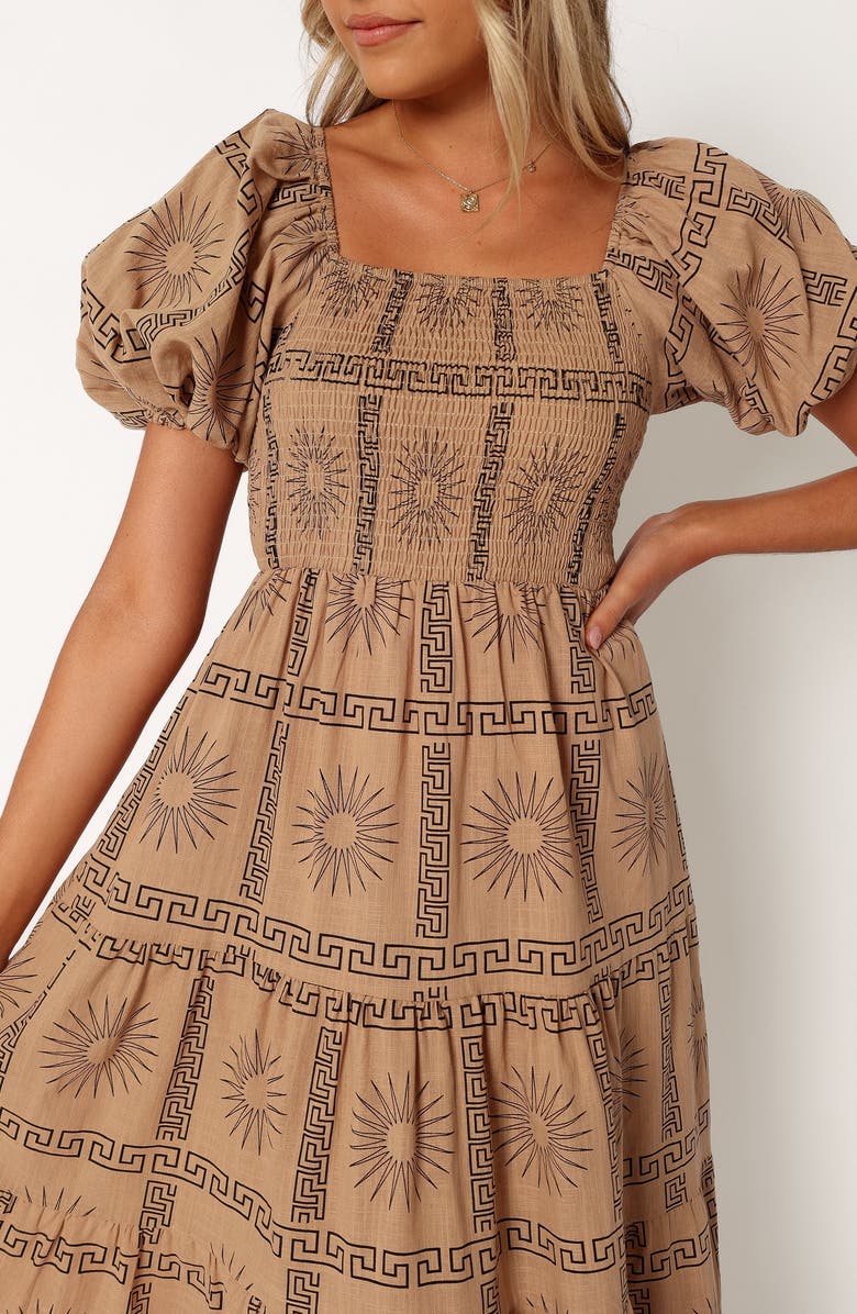 Petal & Pup Soliel Puff Sleeve Midi Dress, Alternate, color, Tan Black