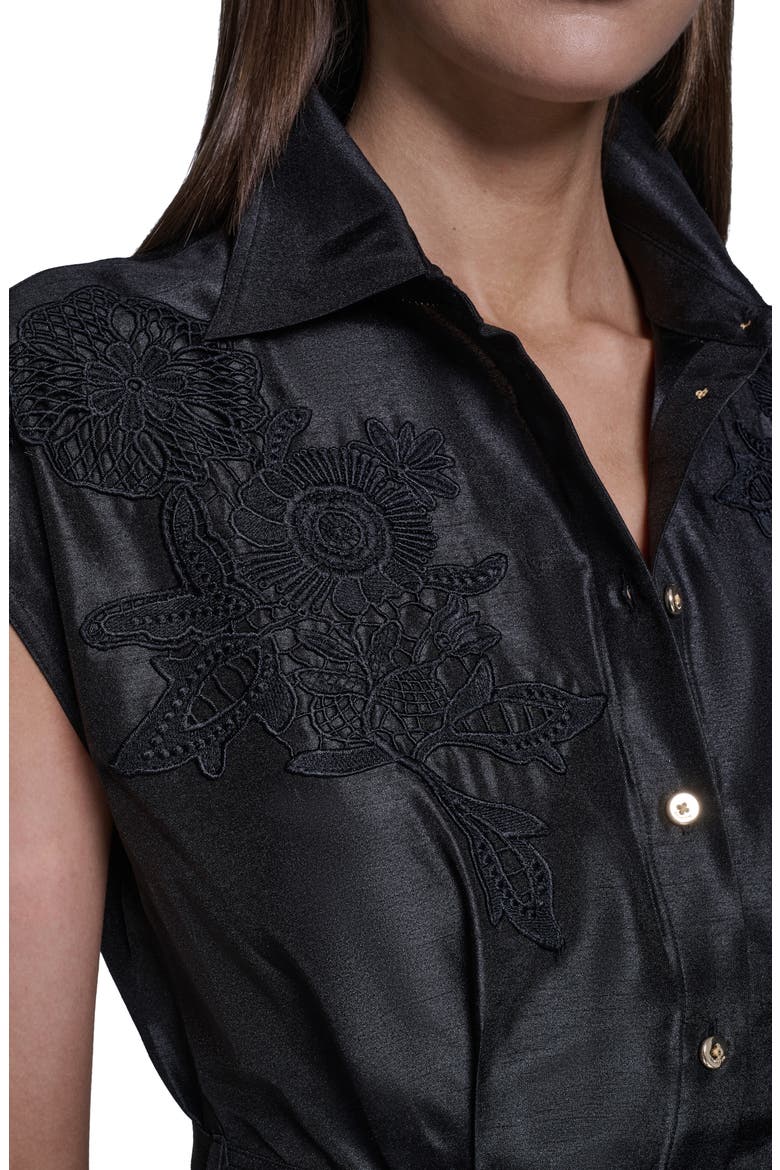 Appliqué Tie Waist Shirtdress, Alternate, color, BLACK