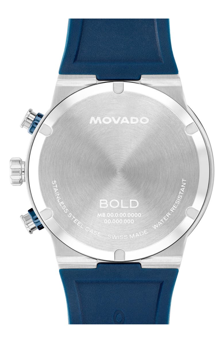 Movado Bold Fusion Skeleton Chronograph Silicone Strap Watch, 44.5mm, Alternate, color, Blue