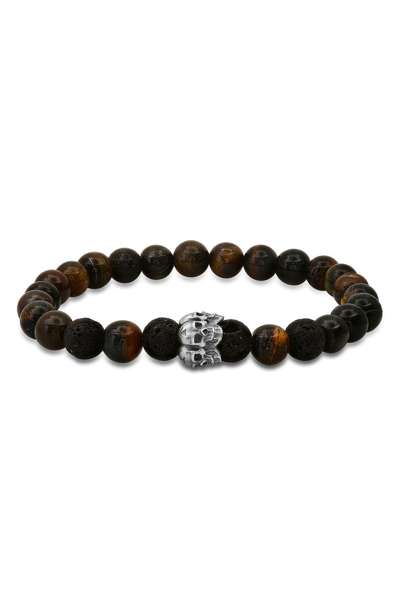 HMY JEWELRY Sterling Silver Tiger's Eye & Lava Bead Stretch Bracelet, Main, color, Brown/Black