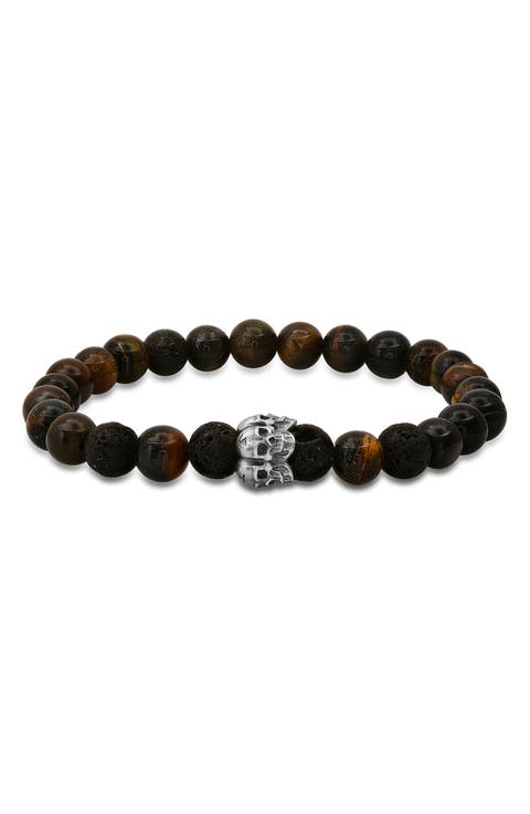 Sterling Silver Tiger's Eye & Lava Bead Stretch Bracelet