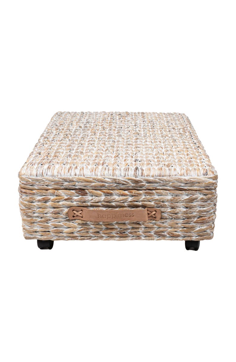 HAPPIMESS Chett Minimalist Hand-Woven Hyacinth/Wood Underbed Storage Bin with Wheels and Handles, Alternate, color, White Wash