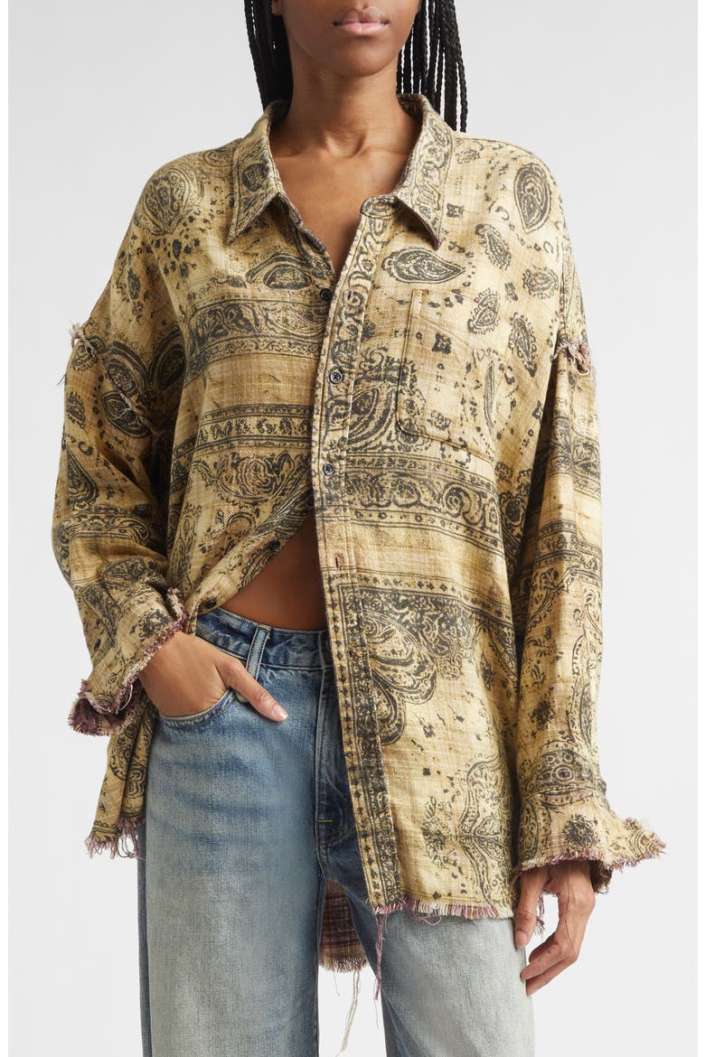 Oversize Shredded Seam Drop Neck Button-Up Shirt, Main, color, KHAKI BANDANA BLACK OVERPRINT