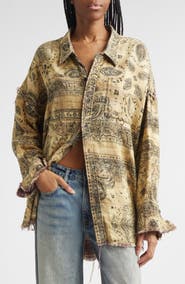 R13 Oversize Shredded Seam Drop Neck Button-Up Shirt