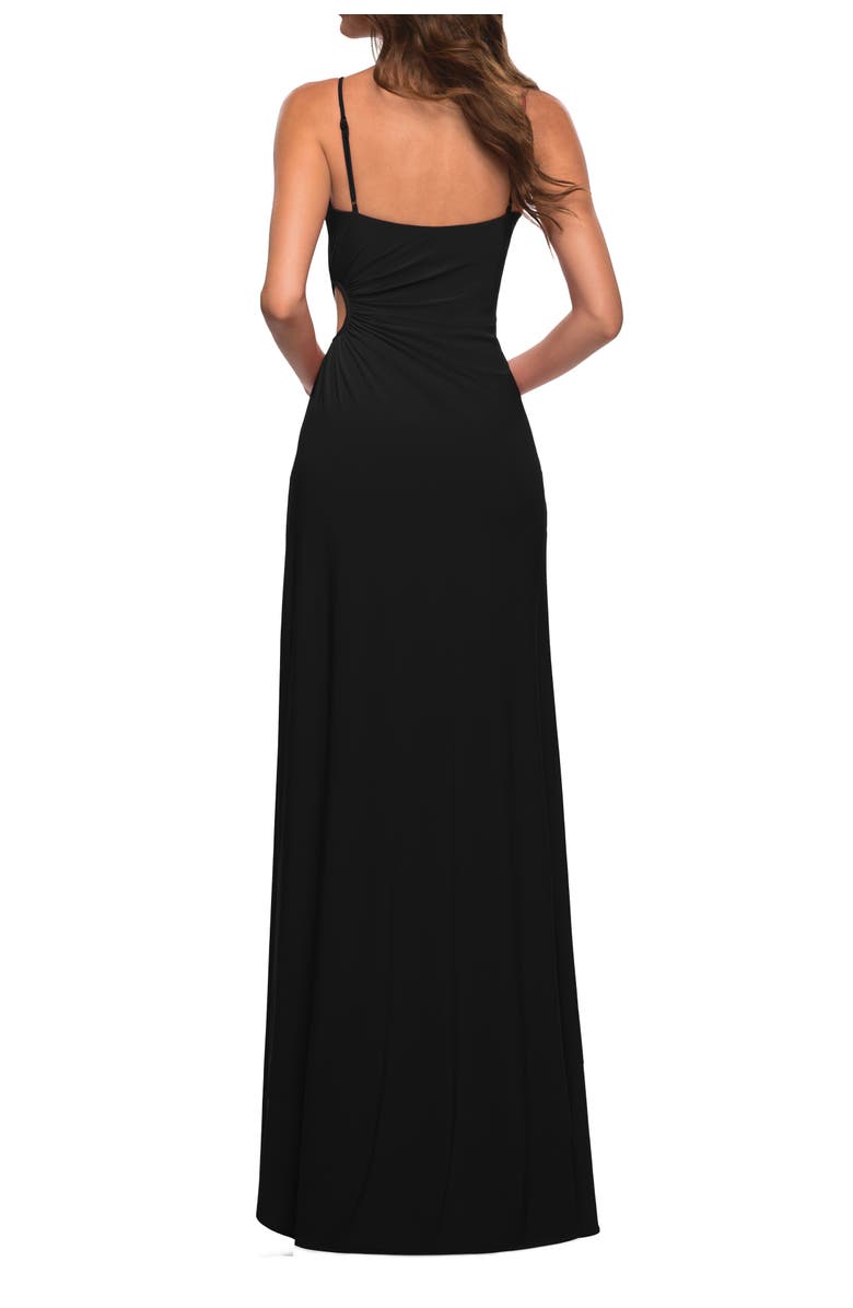 La Femme Prom Dress with Side Cut Out and High Side Slit, Alternate, color, Black