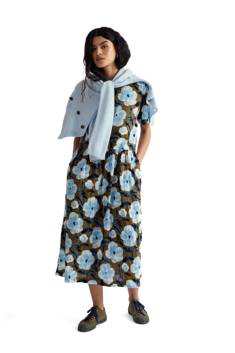 Brouse Floral Print Organic Cotton Midi Dress, Alternate, color, SPRING PANSY SEAGRASS