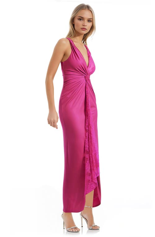 Jewel Badgley Mischka Twist Front Lace & Stretch Jersey Gown In Pink