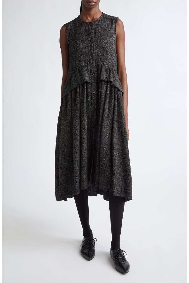 Wool Herringbone Ruffle Smock Midi Dress, Main, color, WOOL HERRINGBONE