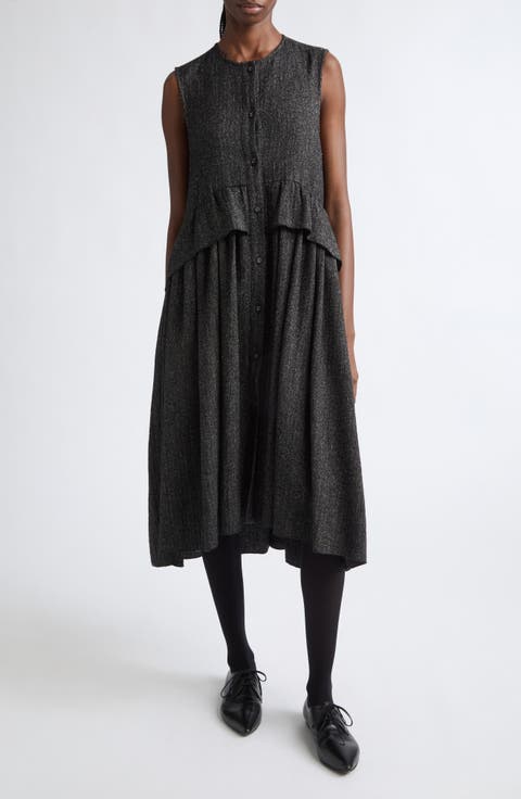 Wool Herringbone Ruffle Smock Midi Dress
