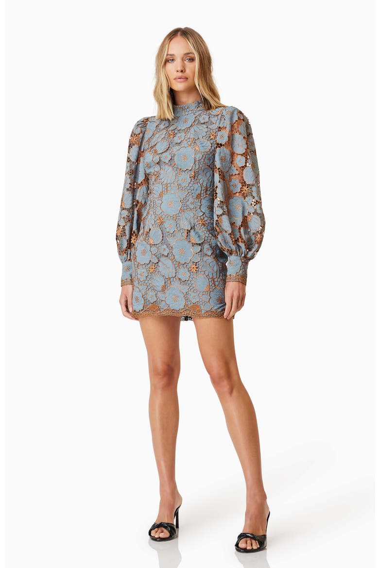 Jasmine Floral Embroidered Lace Long Sleeve Minidress, Alternate, color, BLUE BRONZE