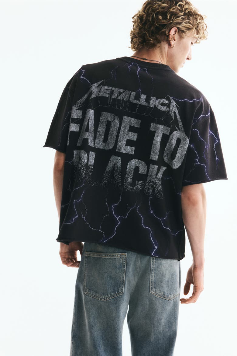Oversized Printed Raw-edge Cotton T-shirt, Alternate, color, Black/Metallica