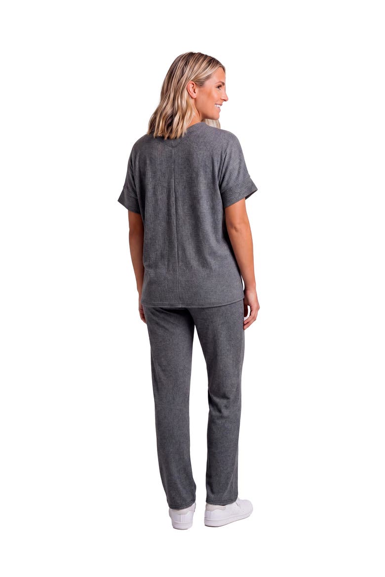 Maternity Basic Ribbed Knit Dolman Sleeve V-Neck Top and Drawstring Wide Leg Pant Set, Alternate, color, Smoke