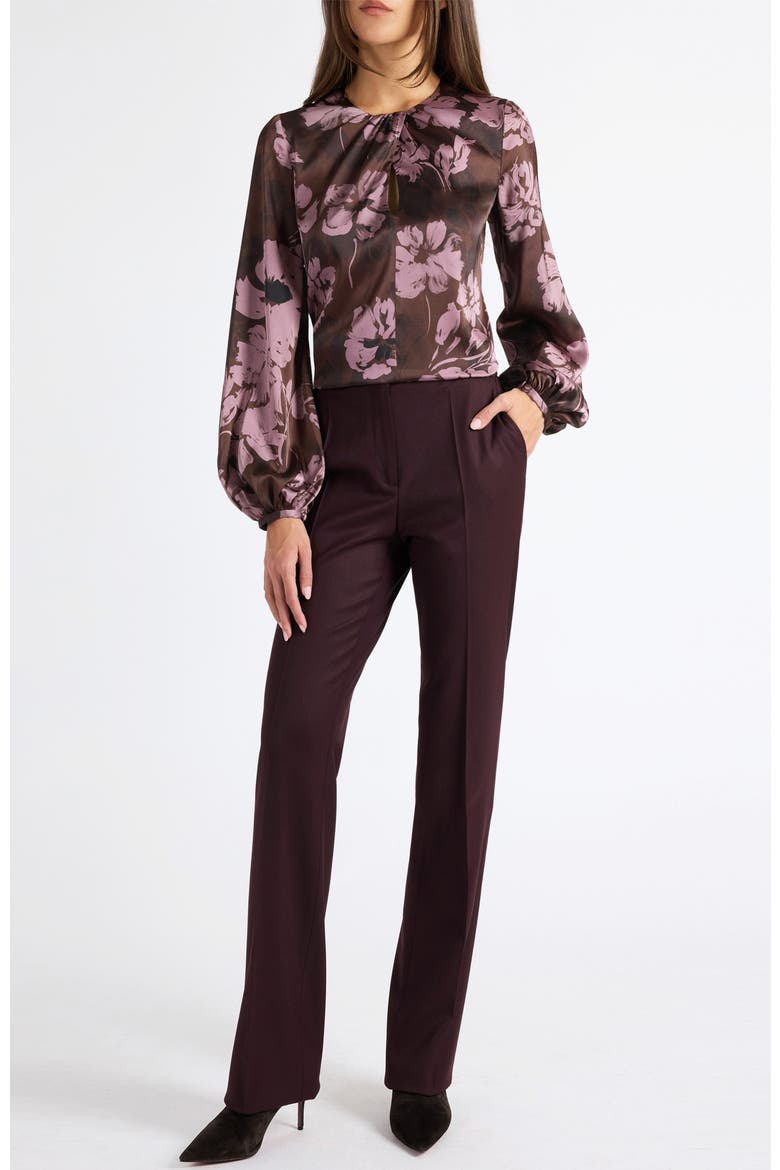 Elena Long Sleeve Twist Neck Blouse in Floral Twill Crepe, Alternate, color, RAISIN