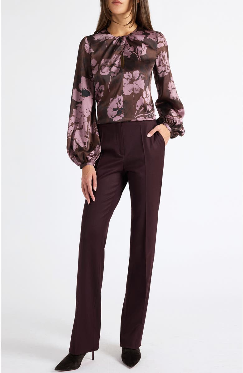 Santorelli Elena Long Sleeve Twist Neck Blouse in Floral Twill Crepe, Alternate, color, Raisin