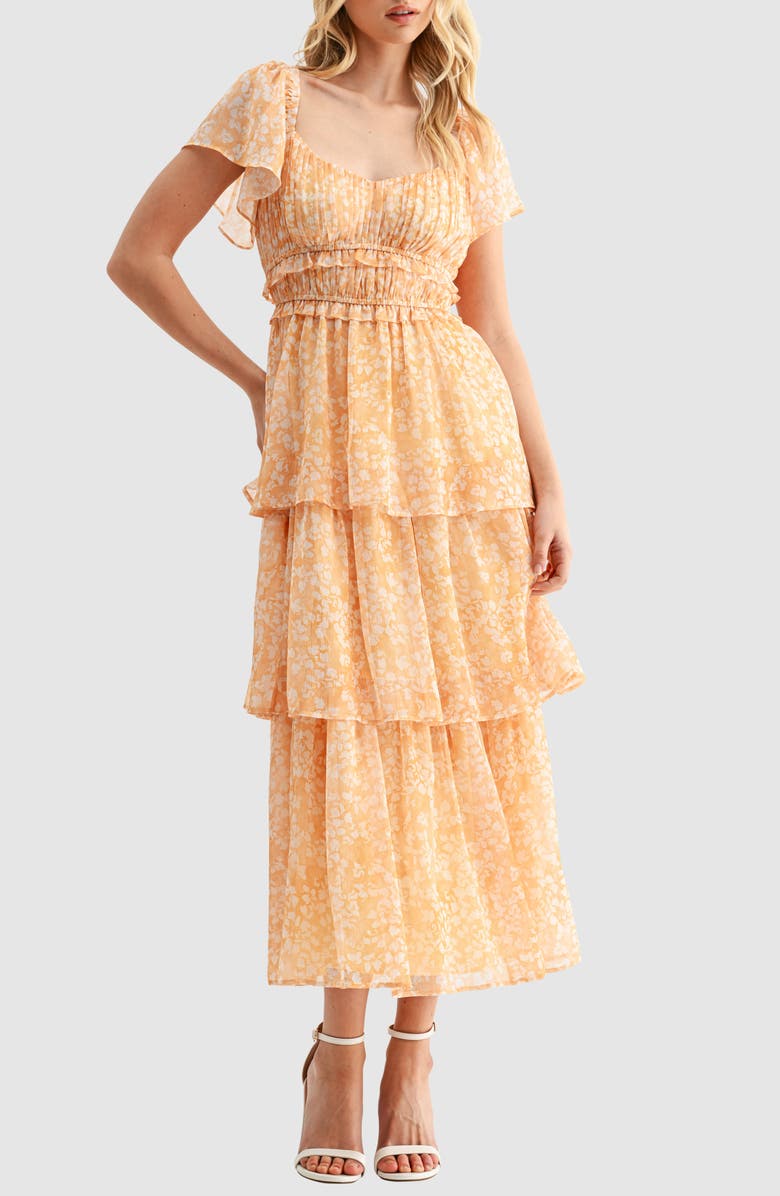 Mila Mae Floral Print Pleated Tiered Midi Dress, Alternate, color, Mustard Floral