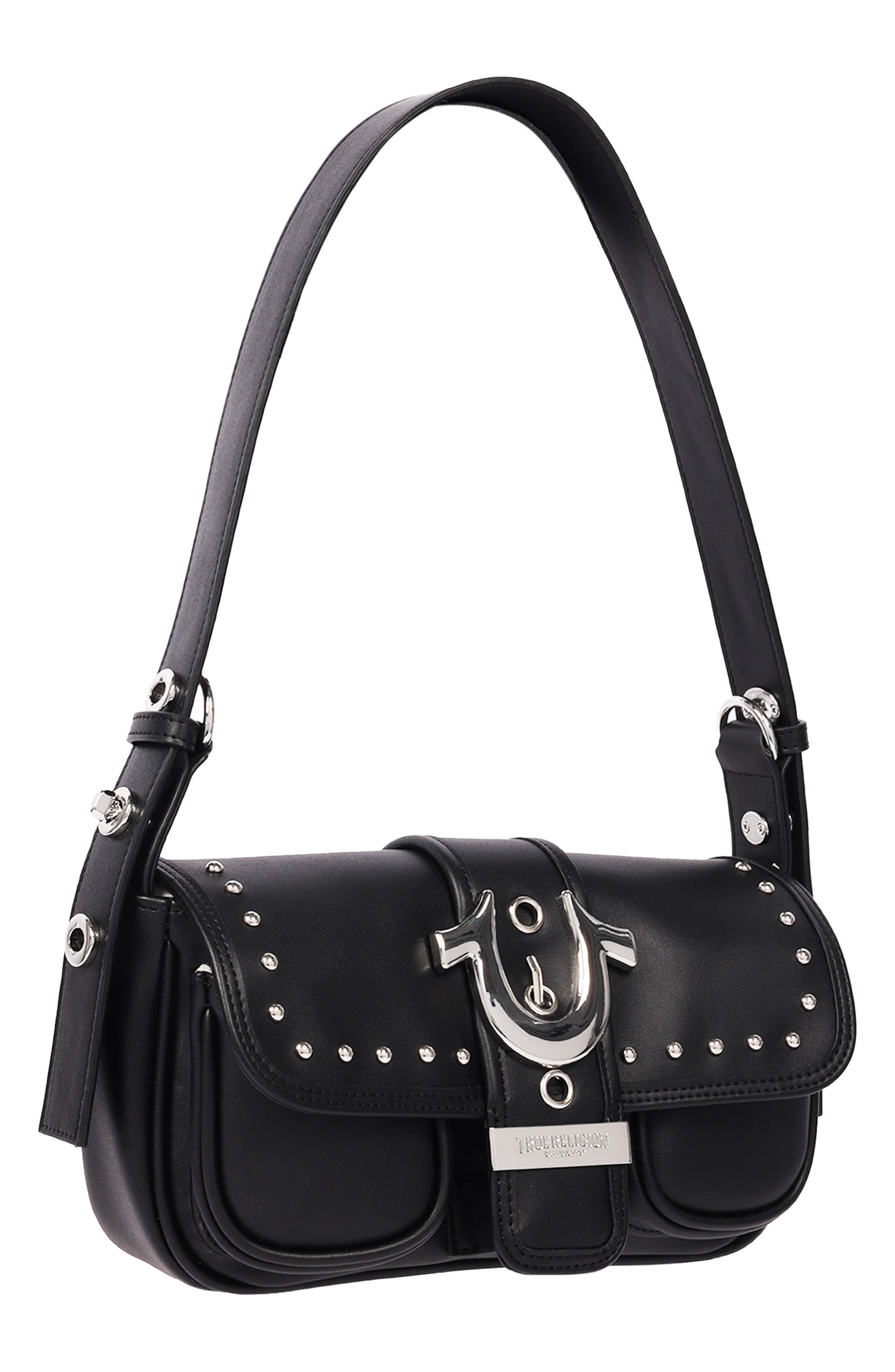 Smooth Moto Studded Faux Leather Shoulder Bag, Alternate, color, BLACK