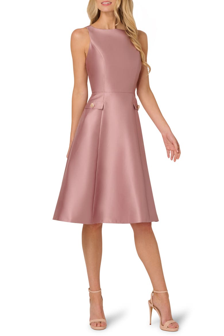 Sleeveless Mikado Fit & Flare Midi Dress, Main, color, WARM CAMEO