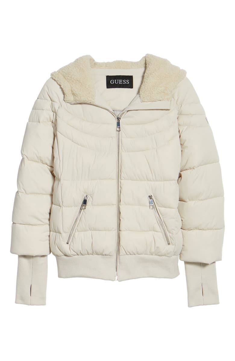 GUESS Oversize Hooded Puffer Jacket with Knit & Faux Shearling Trim, Alternate, color,