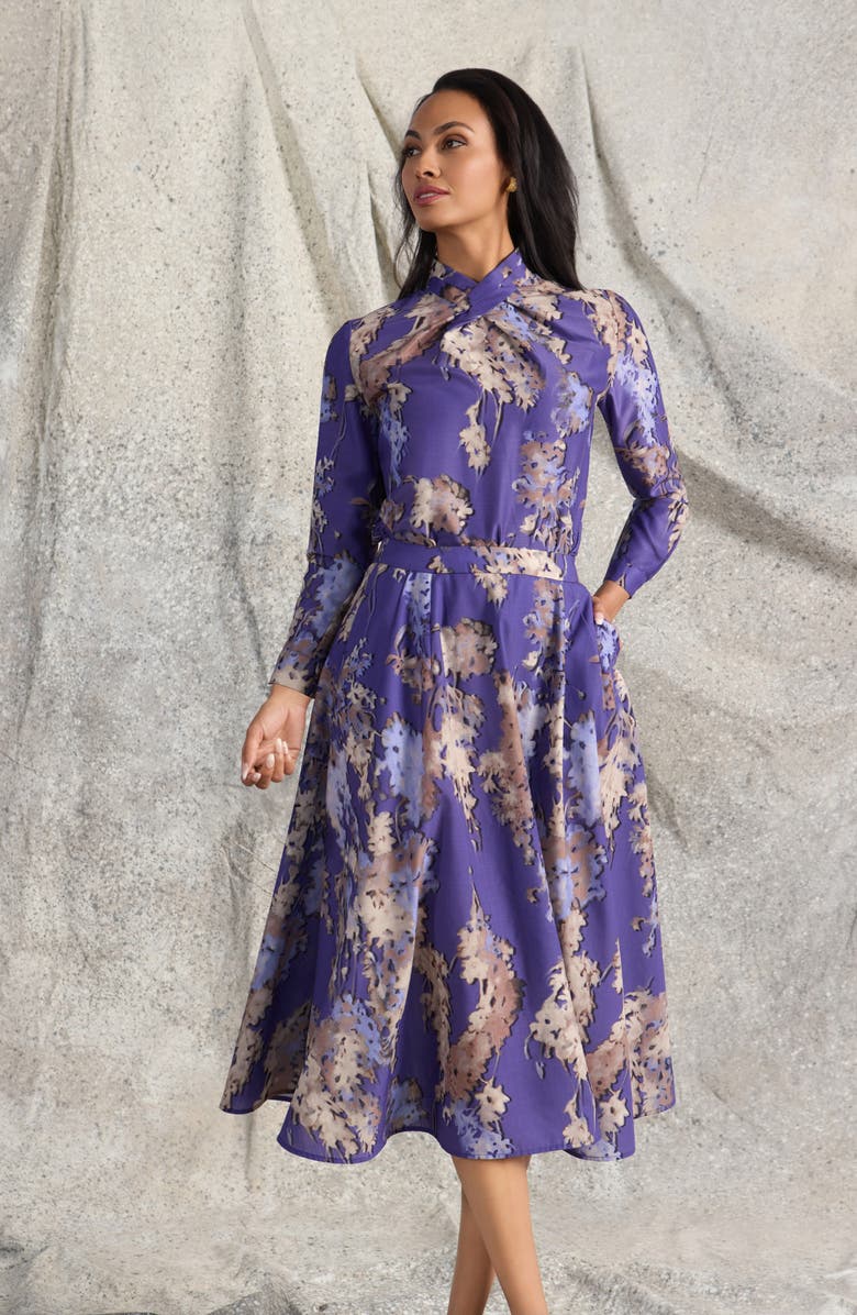 Misook Twist Front Crépe de Chine Top, Alternate, color, Purple Multi