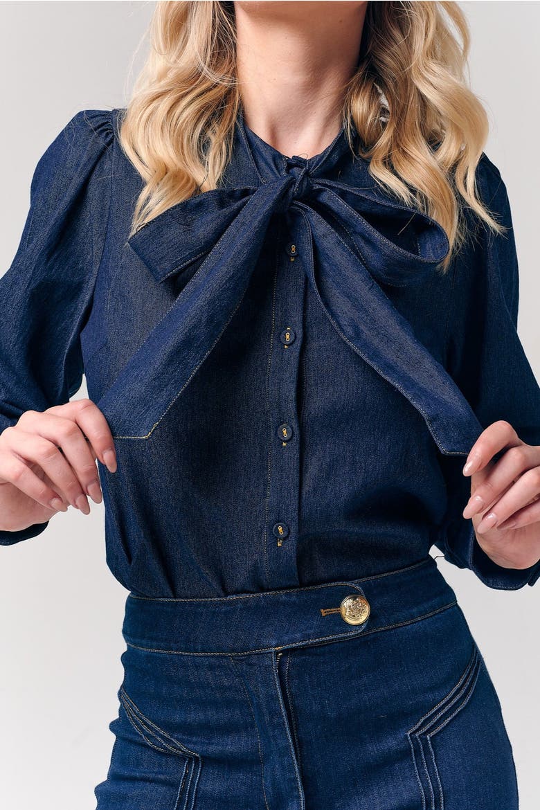 Bow Accent Denim Shirt, Alternate, color, Dark Blue