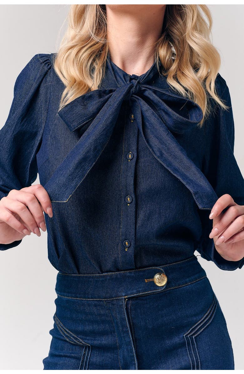 Le Fafo Bow Accent Denim Shirt, Alternate, color, Dark Blue
