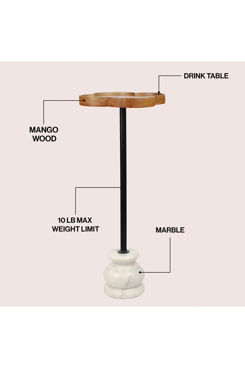 Colby Transitional Quatrefoil Top Drink Table - Iron Pedestal Marble Base Martini Accent End Table, Alternate, color, Natural/Black/White