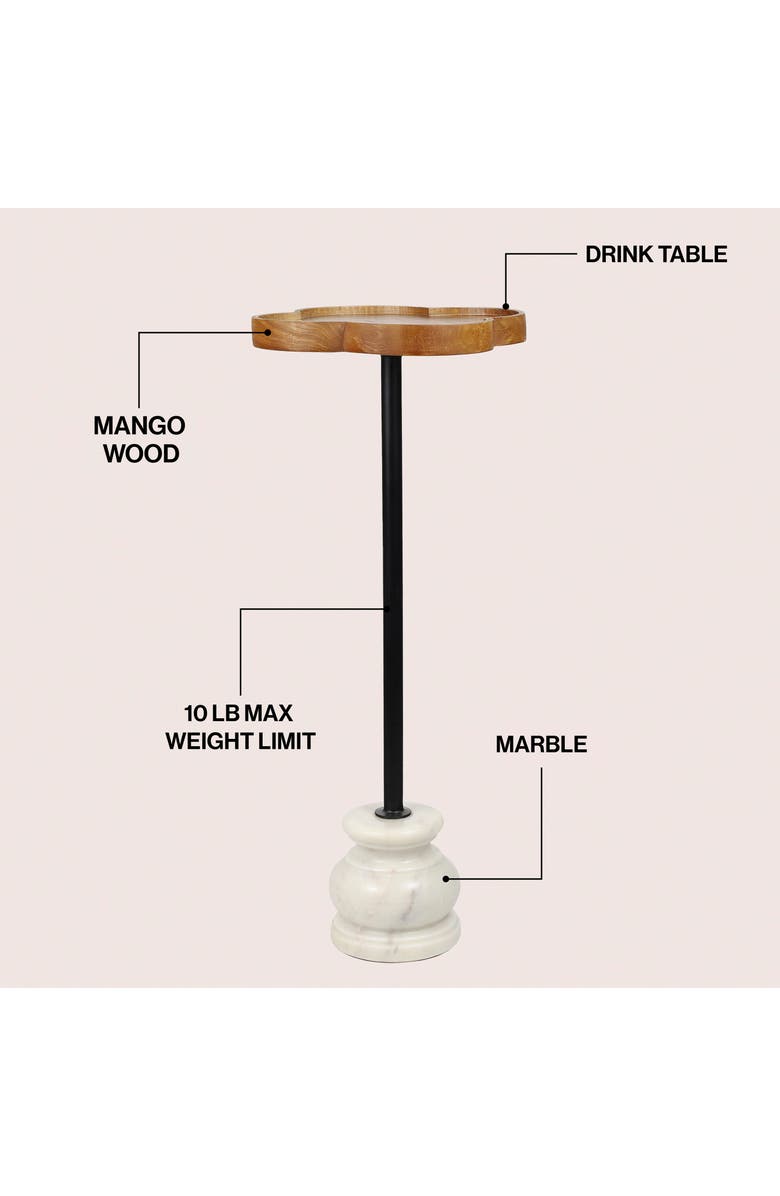 JONATHAN Y Colby 24.5" Classic Cottage Wood/Metal Drink Table and Decorative End Table with Quatrefoil Top and White Marble Base, Alternate, color, Natural/Black/White