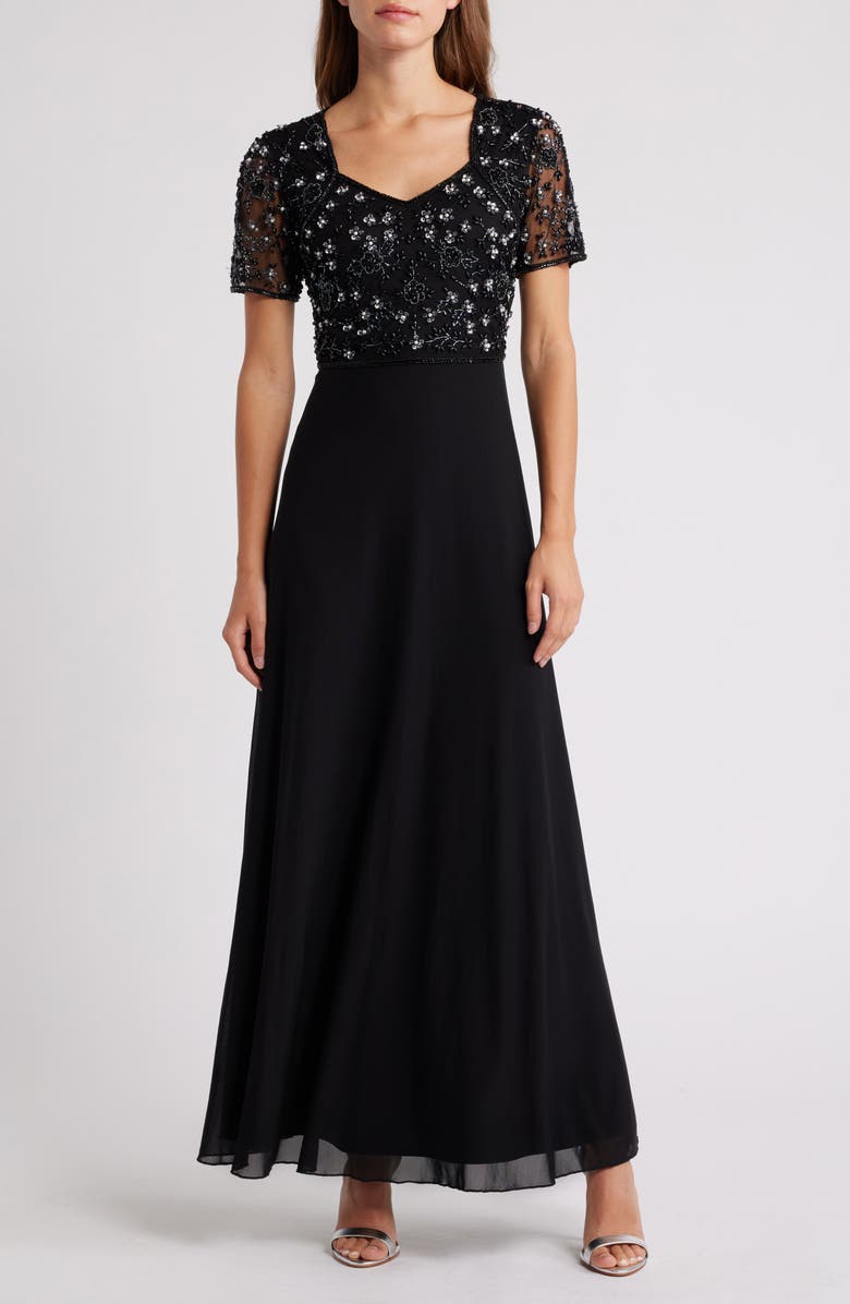 Pisarro Nights Beaded Bodice Short Sleeve Gown, Main, color, Black