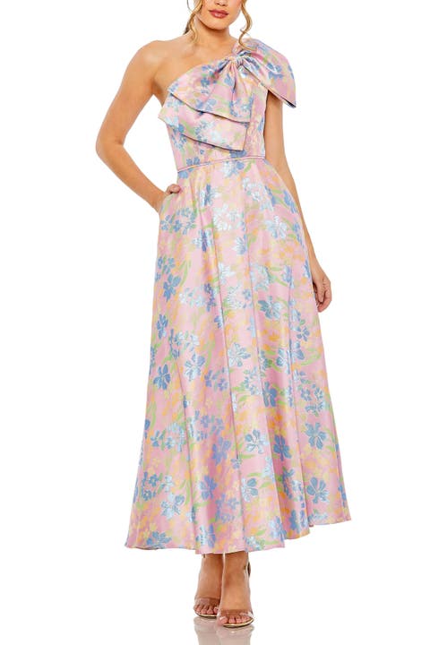 One Shoulder Embroidered Floral A Line Dress