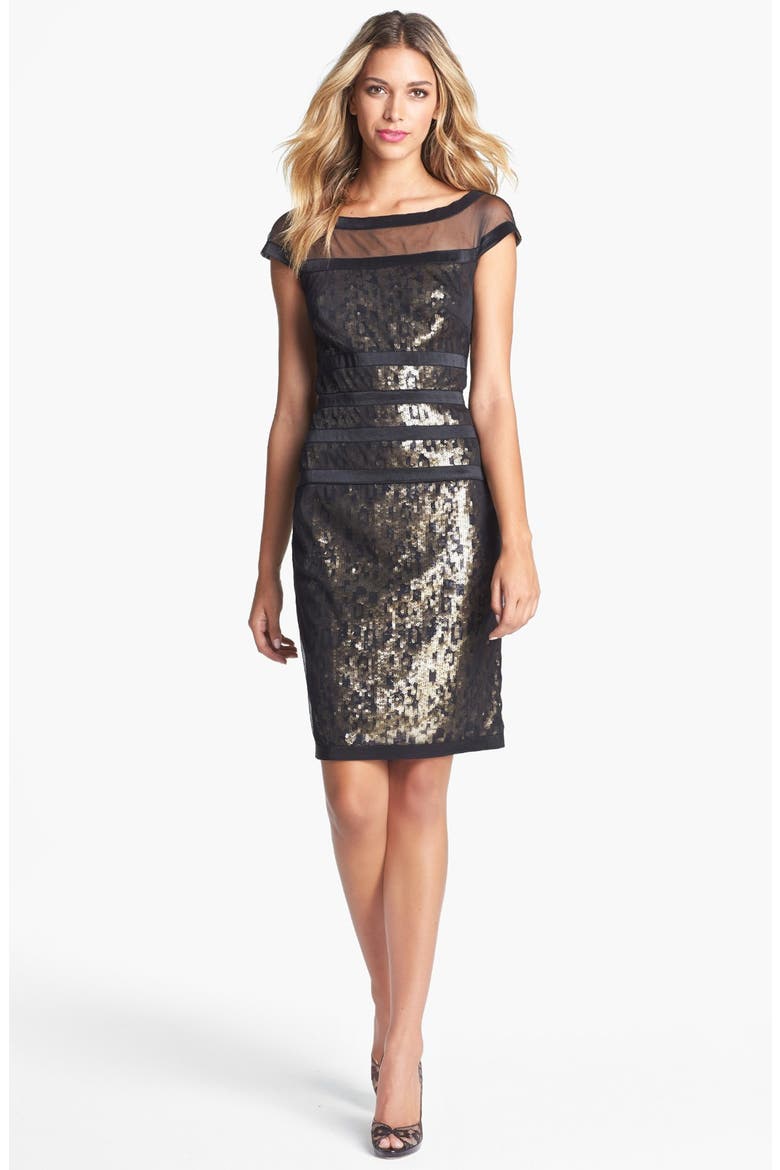 Illusion Sequin Sheath Dress, Main, color, BLACK/ GOLD