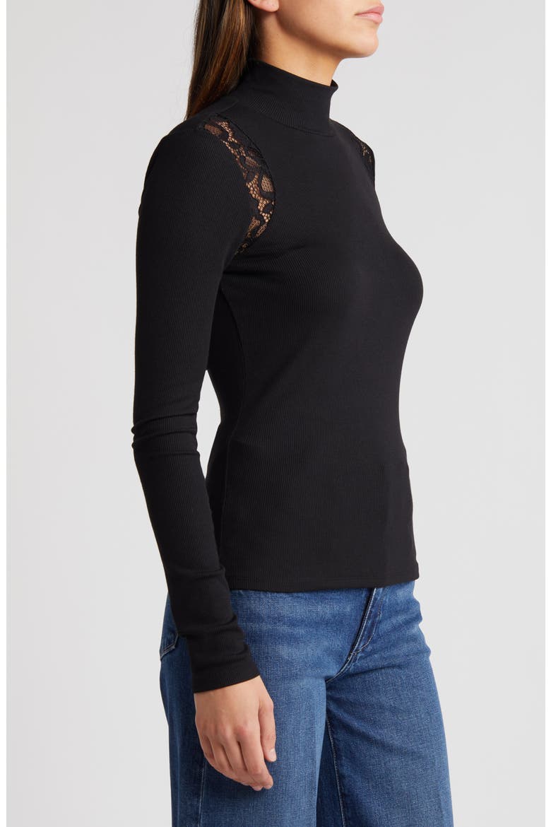 Astora Lace Detail Rib Mock Neck Top, Alternate, color, BLACK